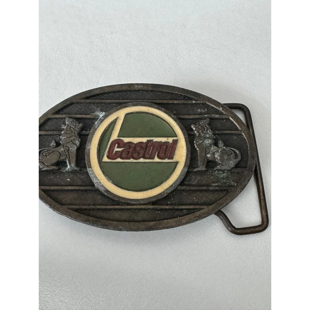 Vintage Castrol Oil Belt Buckle‎ Metal Automotive Racing Logo Lions Patina